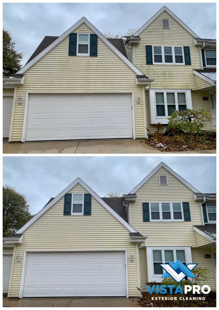 Before and after photos of Vista Pro soft washing a house in Cedarburg, WI.
