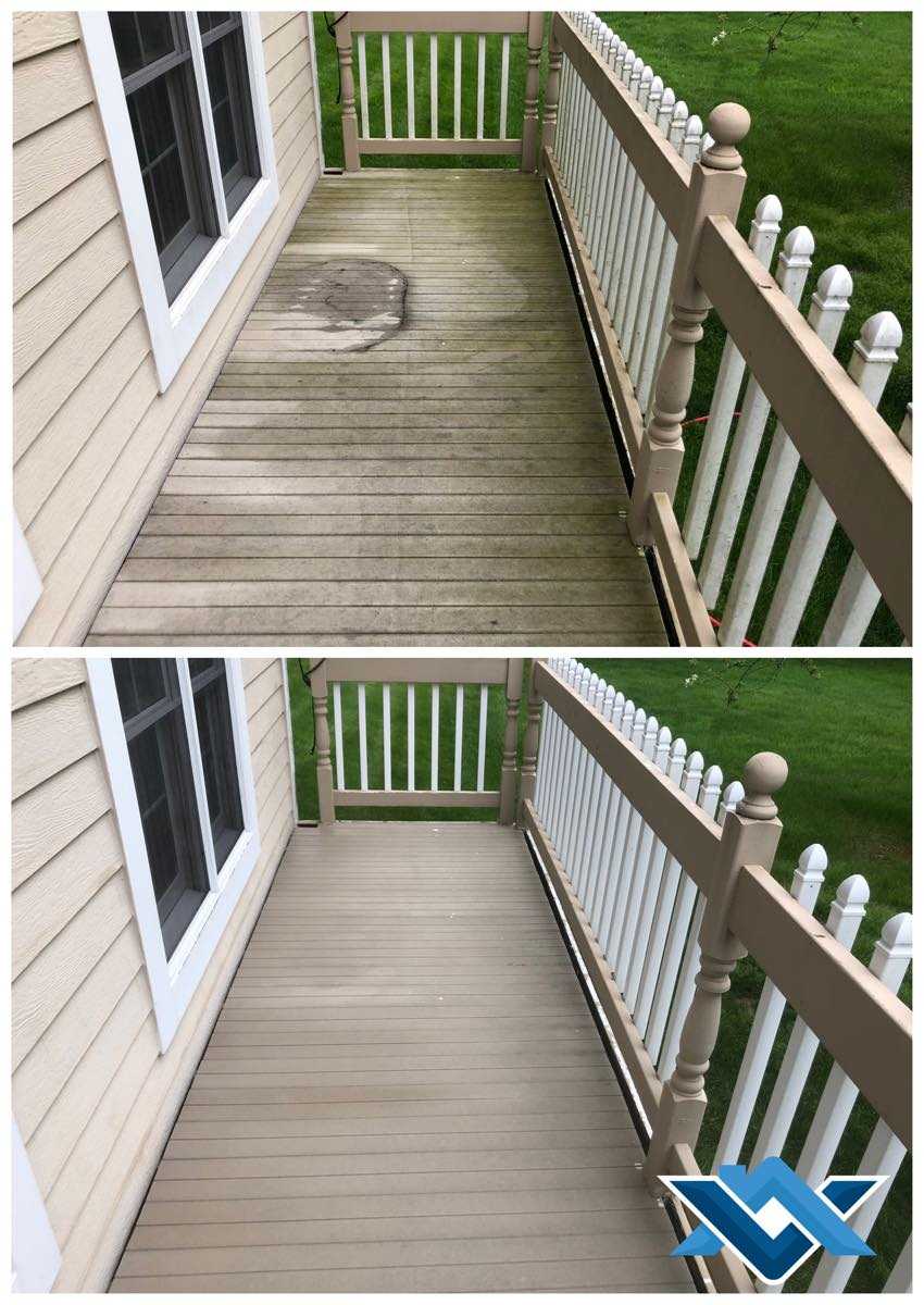 Backyard deck after being freshly pressure washed.