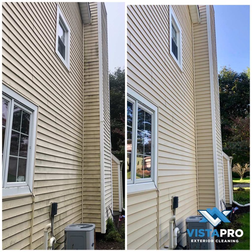 Before and after pictures of a soft washed yellow vinyl sided house.