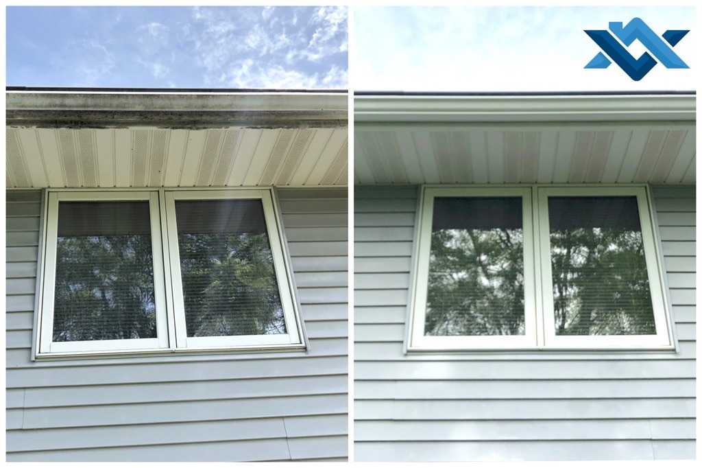 Exterior cleaning and house washing a blue house.