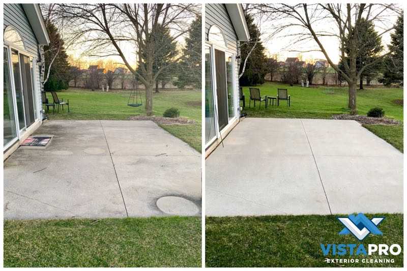 Before and after of a patio that was cleaned professionally.