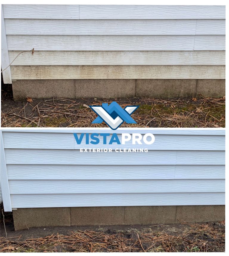 Before and after picture of foundation being power washed.