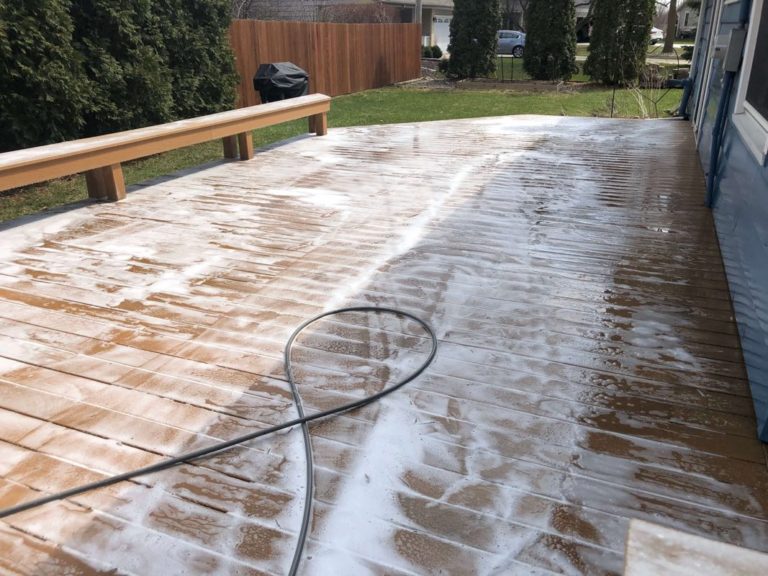 Composite deck with chemicals applied before rinsing.