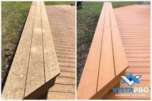 Before and after cleaning picture of a Trex or composite deck