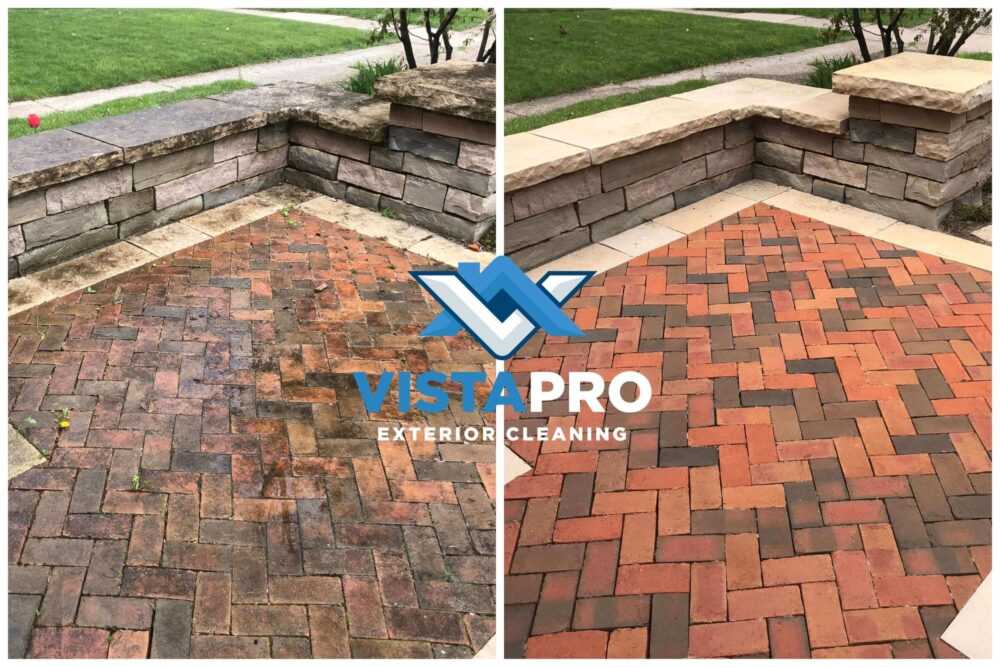 Before and after picture of pavers after being pressure washed.