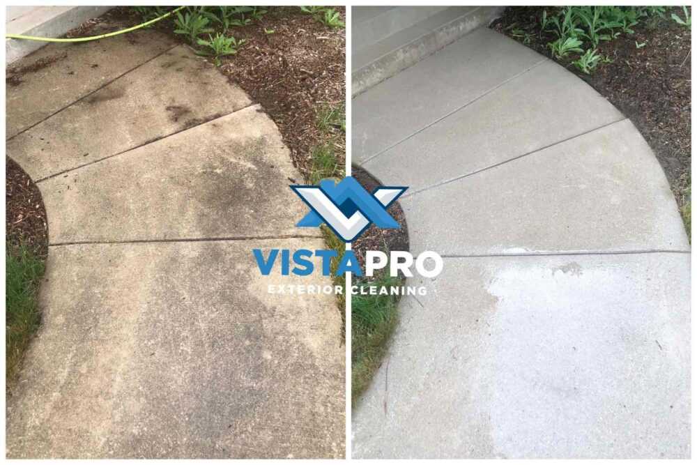 Before and after of a concrete stoop that was washed.