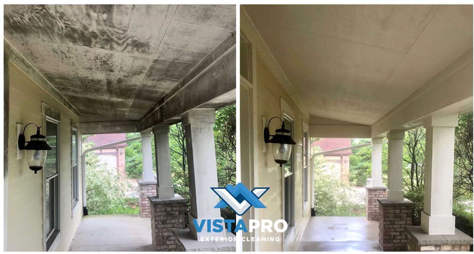 Before and after of a dirty porch.