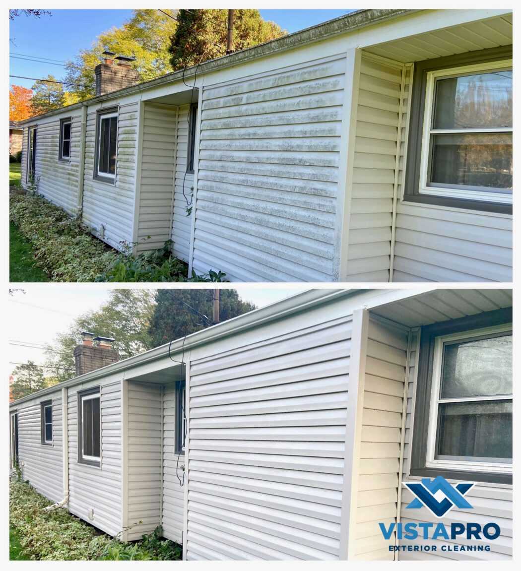 Back view of a vinyl house with mold all over the siding and gutters.