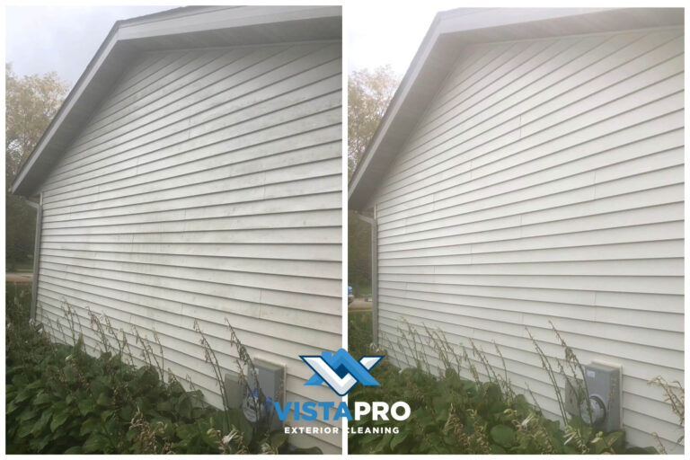 Side view of a house that was power washed in Jackson, WI.