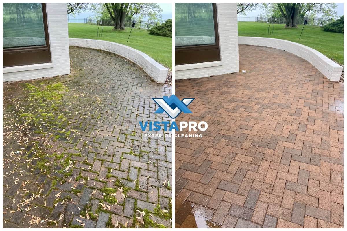 Before and after picture of a patio in Mequon that was pressure washed.