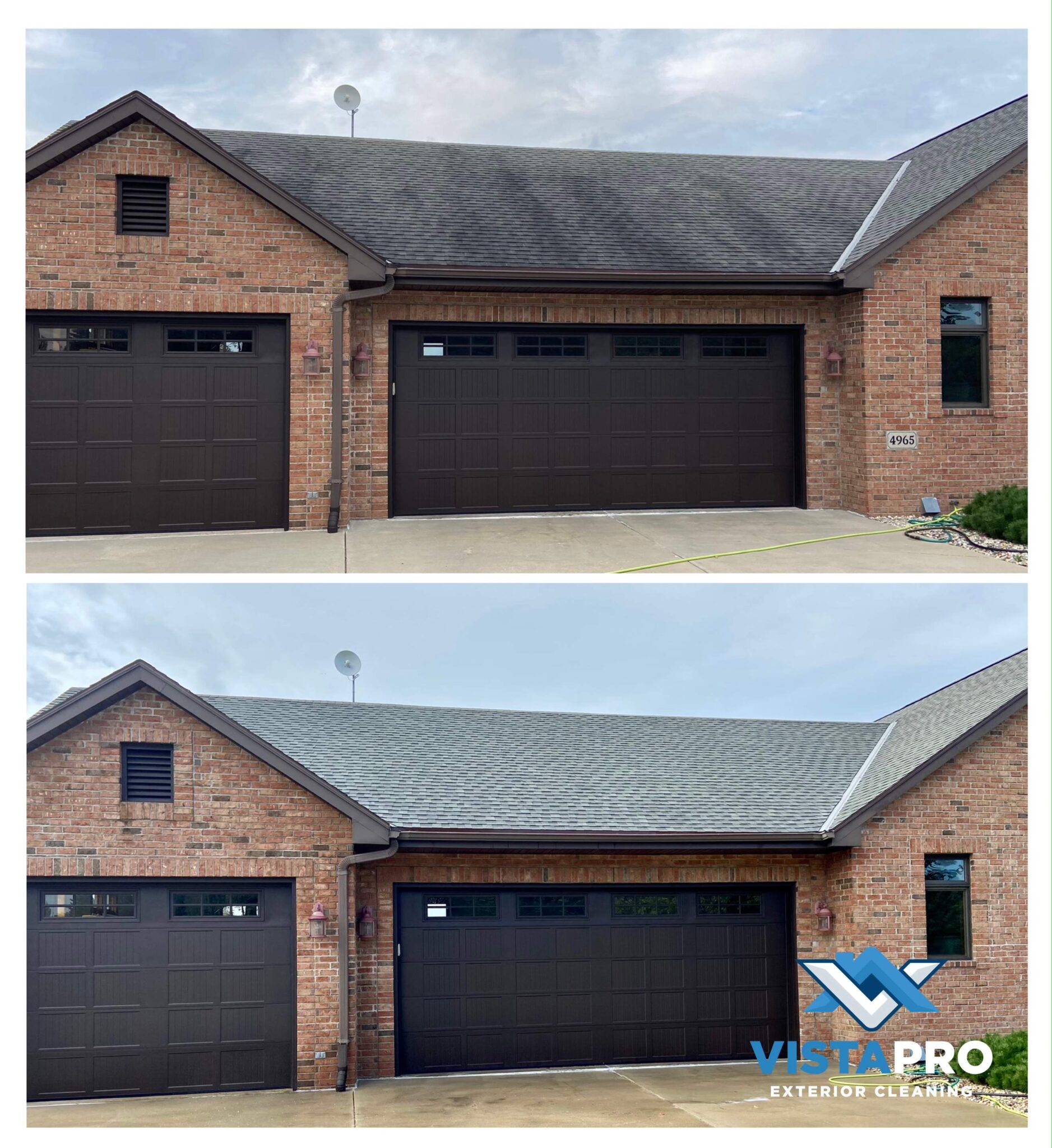 Before and after photo of a roof in Slinger that Vista Pro cleaned