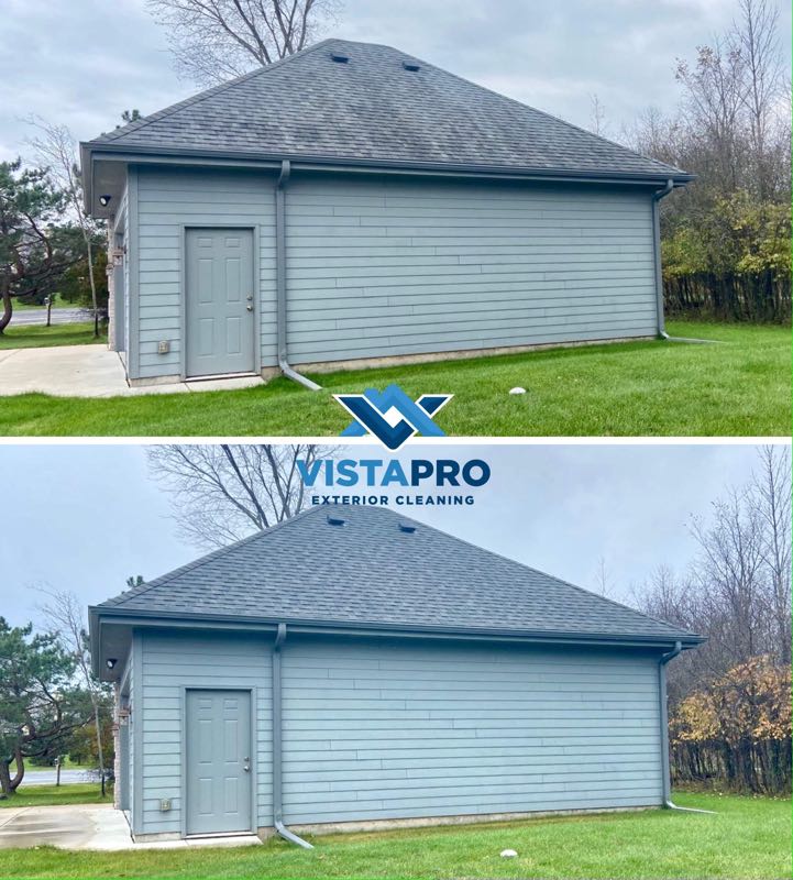 Gleocapsa magma removal on a detached garage in Ozaukee County.