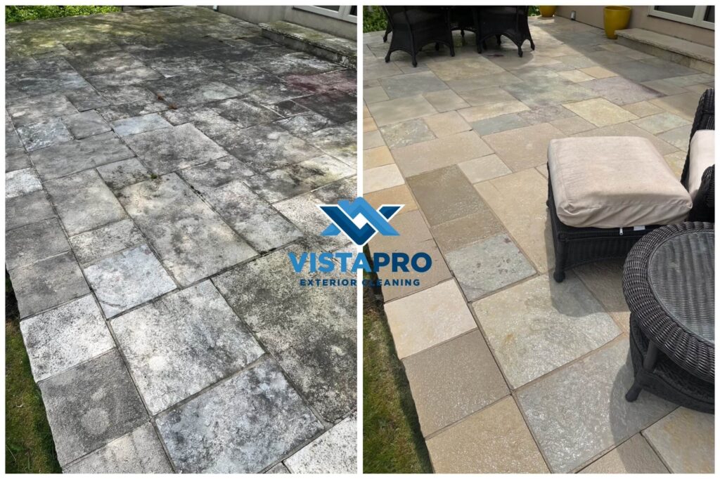 Before and after photo of a patio that was pressure washed.