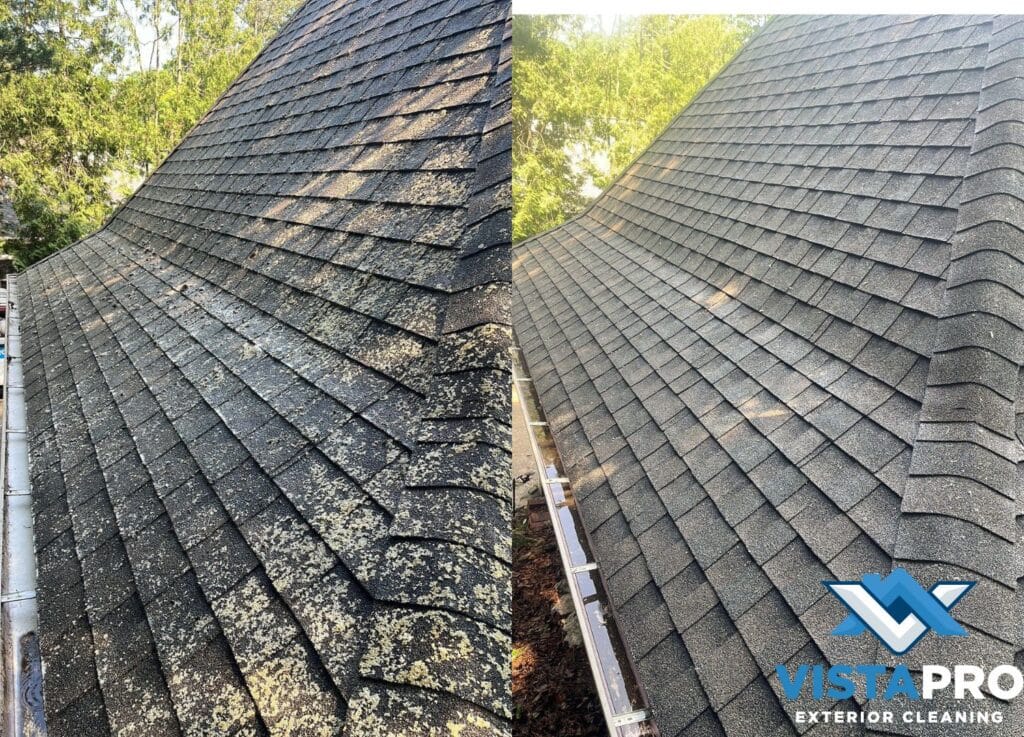 Before and after pictures of a roof cleaning we did on Big Cedar Lake in Slinger.