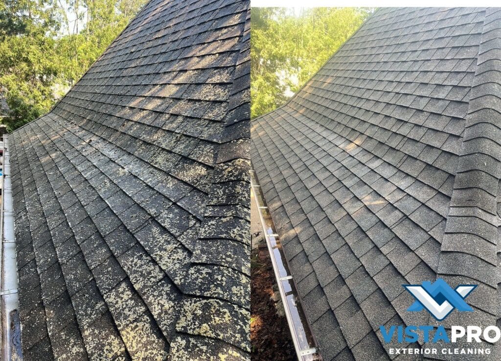 Before and after pictures of a roof cleaning we did on Big Cedar Lake in Slinger that had lichens.