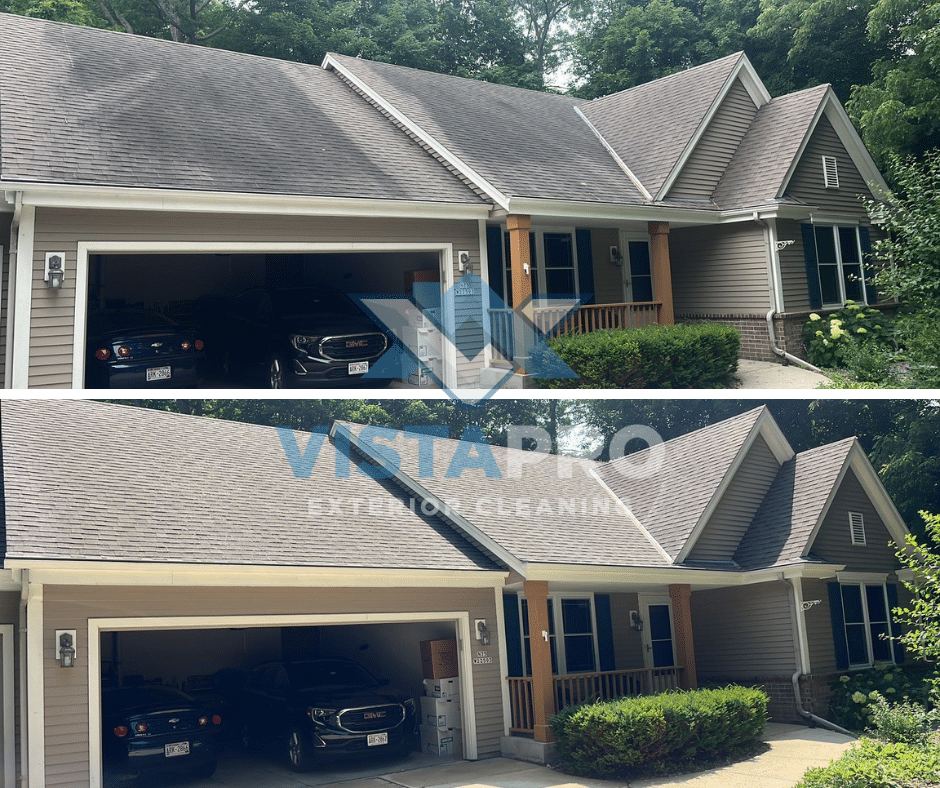 Roof in Sussex with a before and after picture of a roof cleaning job.