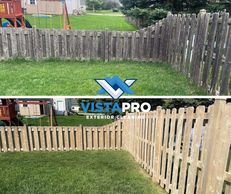 Before and after pictures of a wood fenced that was pressure washed.